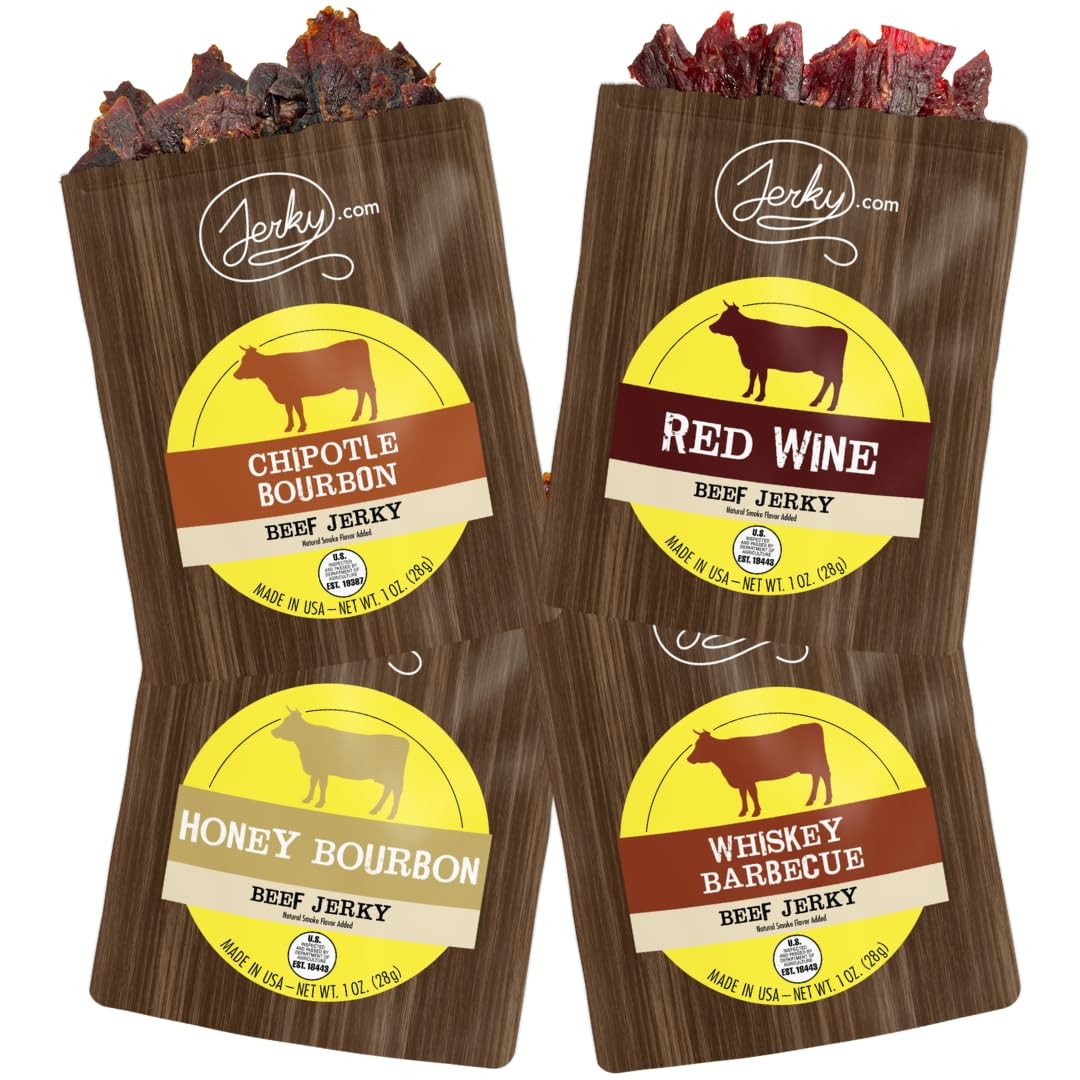 Booze Jerky Sampler - Featuring Chipotle Bourbon, Red Wine, Whiskey BBQ, Hone...