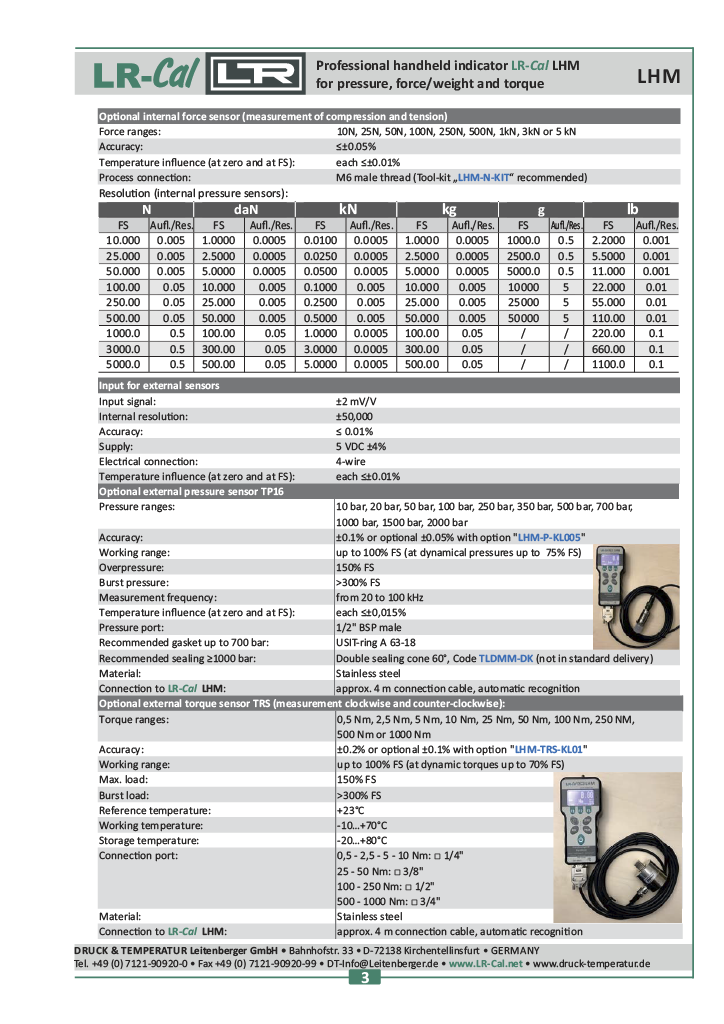 LR-Cal LHM GP Pressure/Torque Indicator Internal Pressure Sensor ±0.05% Accuracy