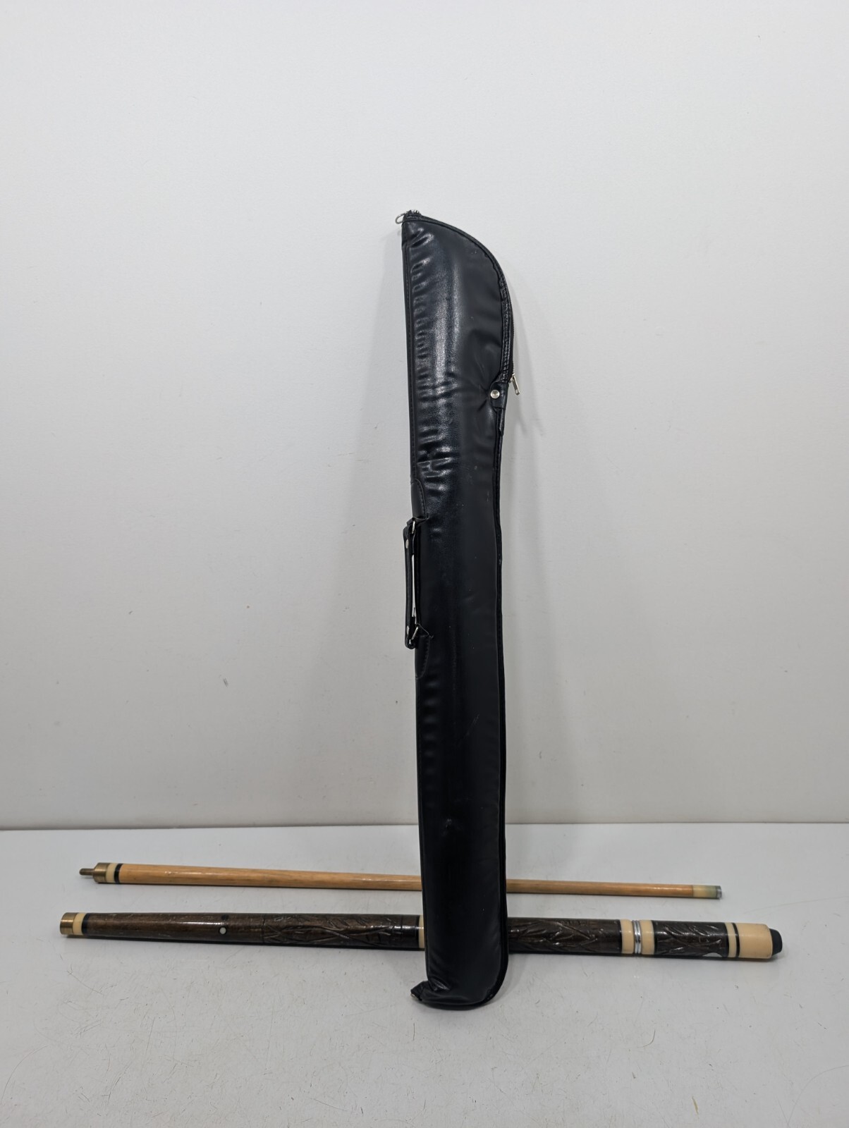 Vintage Pool Cue With Case - Tiki Bar Style Carved Wood Unique - Made In Hawaii