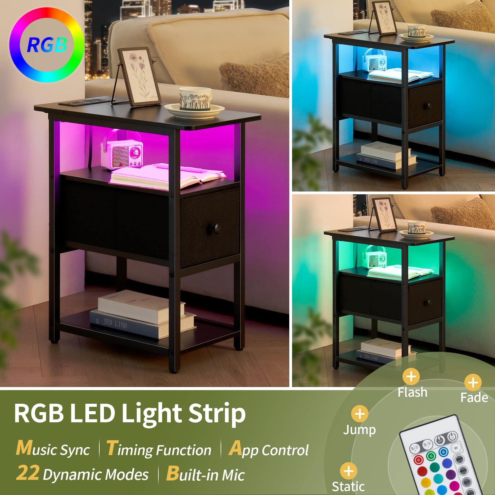 Yoobure End Table with Charging Station, Narrow Side Table with Adjustable Fa...