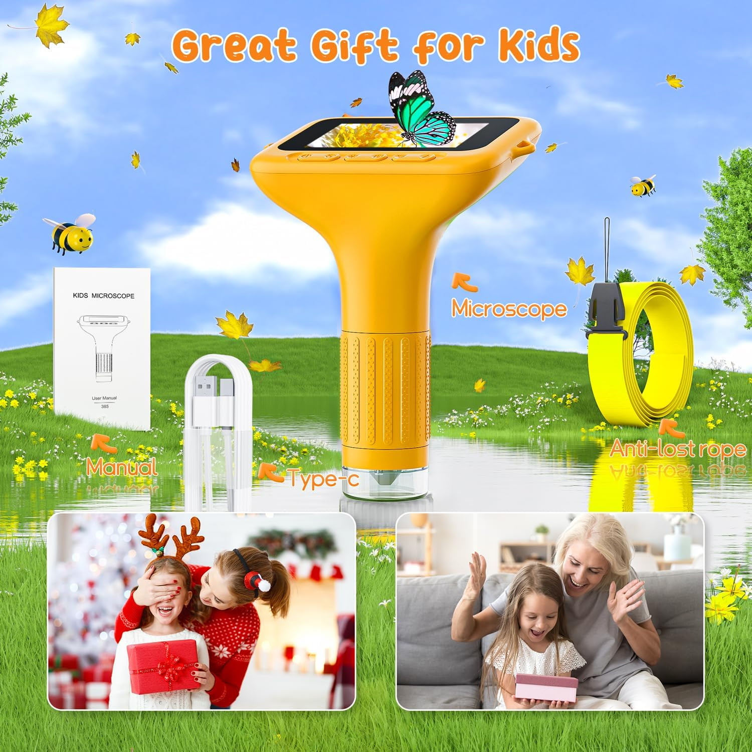 SKYBASIC Digital Microscope for Kids, 3" Screen 1000X Handheld Microscope HD Poc