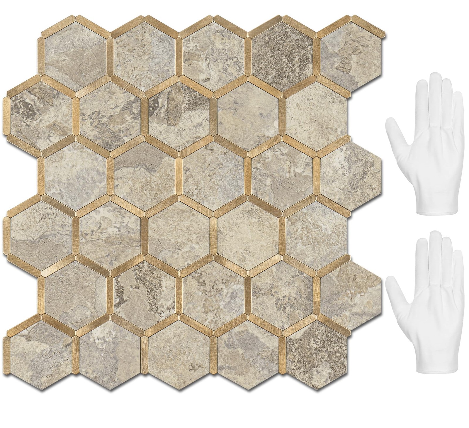 STICKGOO Hexagon Peel and Stick 11.6x11.6 inches, Stone Beige with Metal Gold