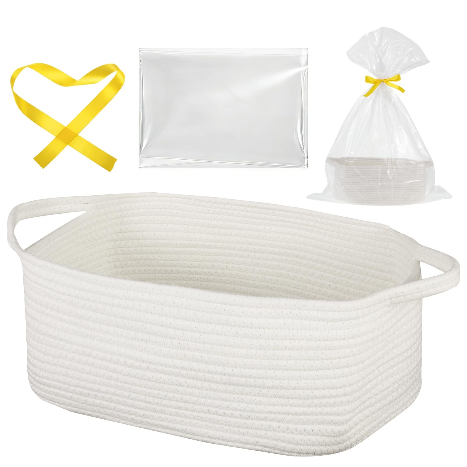 White 16x12x7 Inch Large Woven Cotton Rope Storage Gift Basket Handles Ribbon