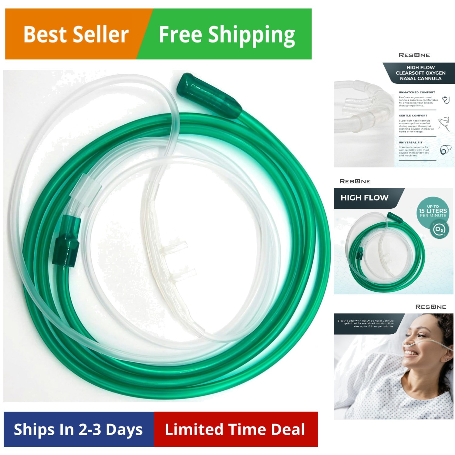 7Ft High Flow Soft Adult Oxygen Nasal Cannula 5-Pack - Curved Prongs, Crush-R...