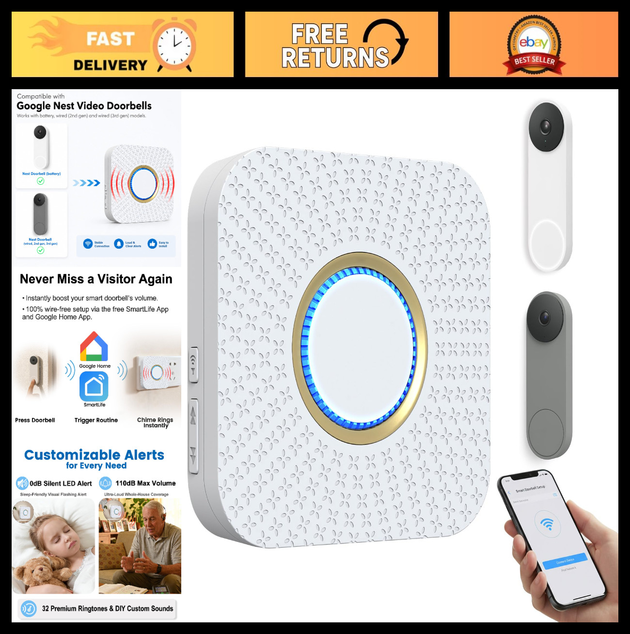 Wireless Smart Doorbell Chime for Google Nest | No Wiring, 32 Tunes, 5 Volumes,