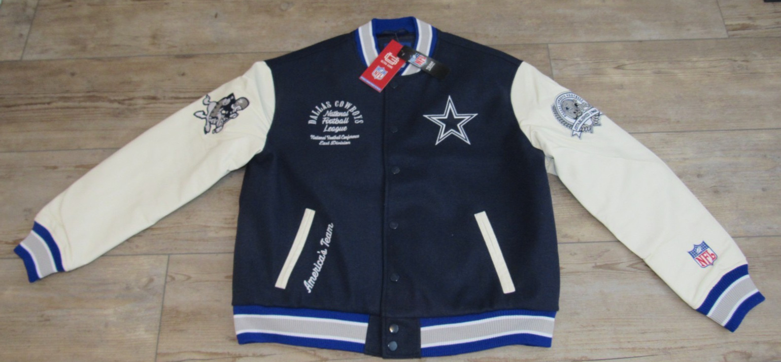 Dallas Cowboys NFL Quilt Lined Knit Trim Faux Leather Varsity Jacket Men's Large