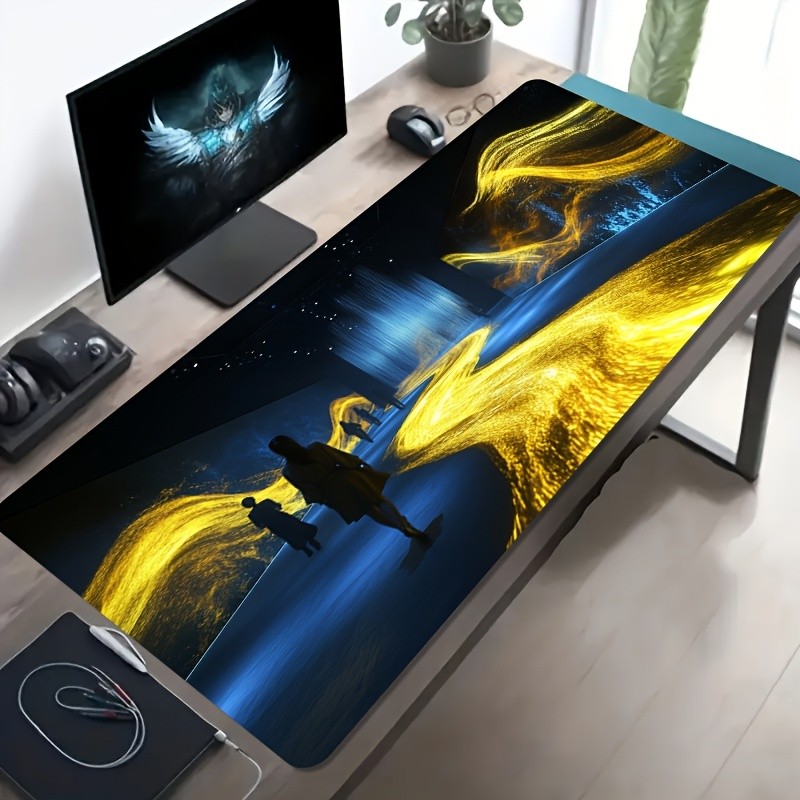 A Large Gaming Mouse Pad Featuring a Golden Light Strip And Character Artwork,