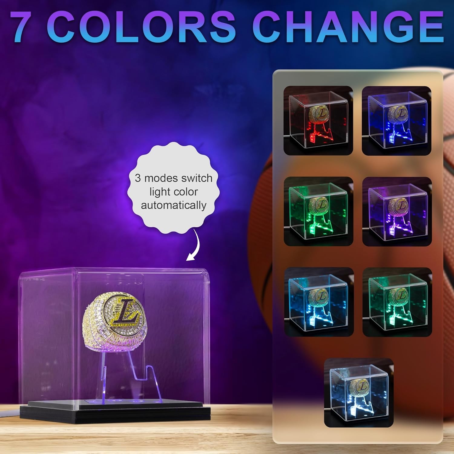 Championship Ring Display Case with Led Light, UV-Protected Clear