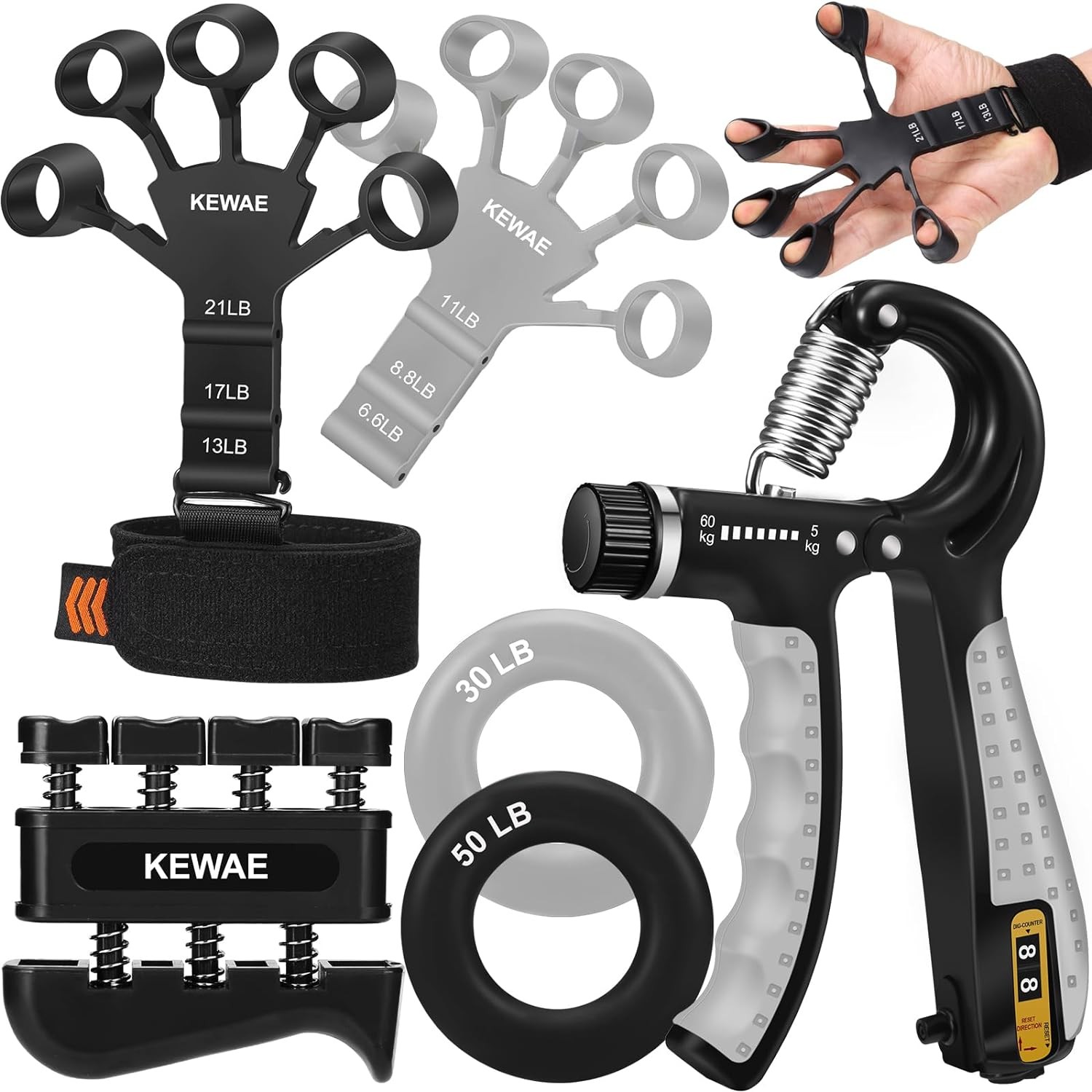 Grip Strength Trainer Kit 6 Pack with Finger Exerciser, Hand Grip Strengthener,