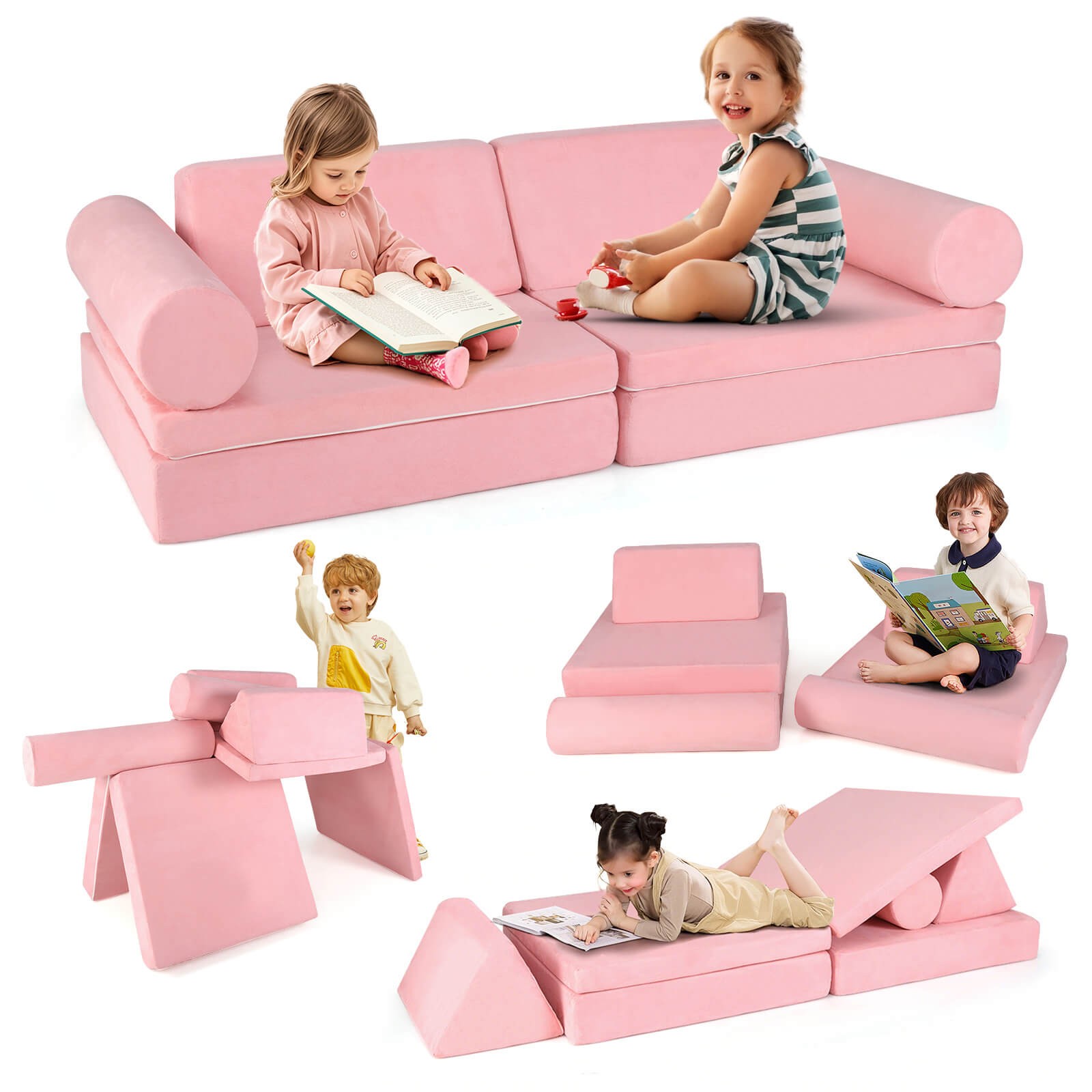 8 Pcs Kids Play Couch Convertible Sectional Floor Sofa w/Removable Suede Cover