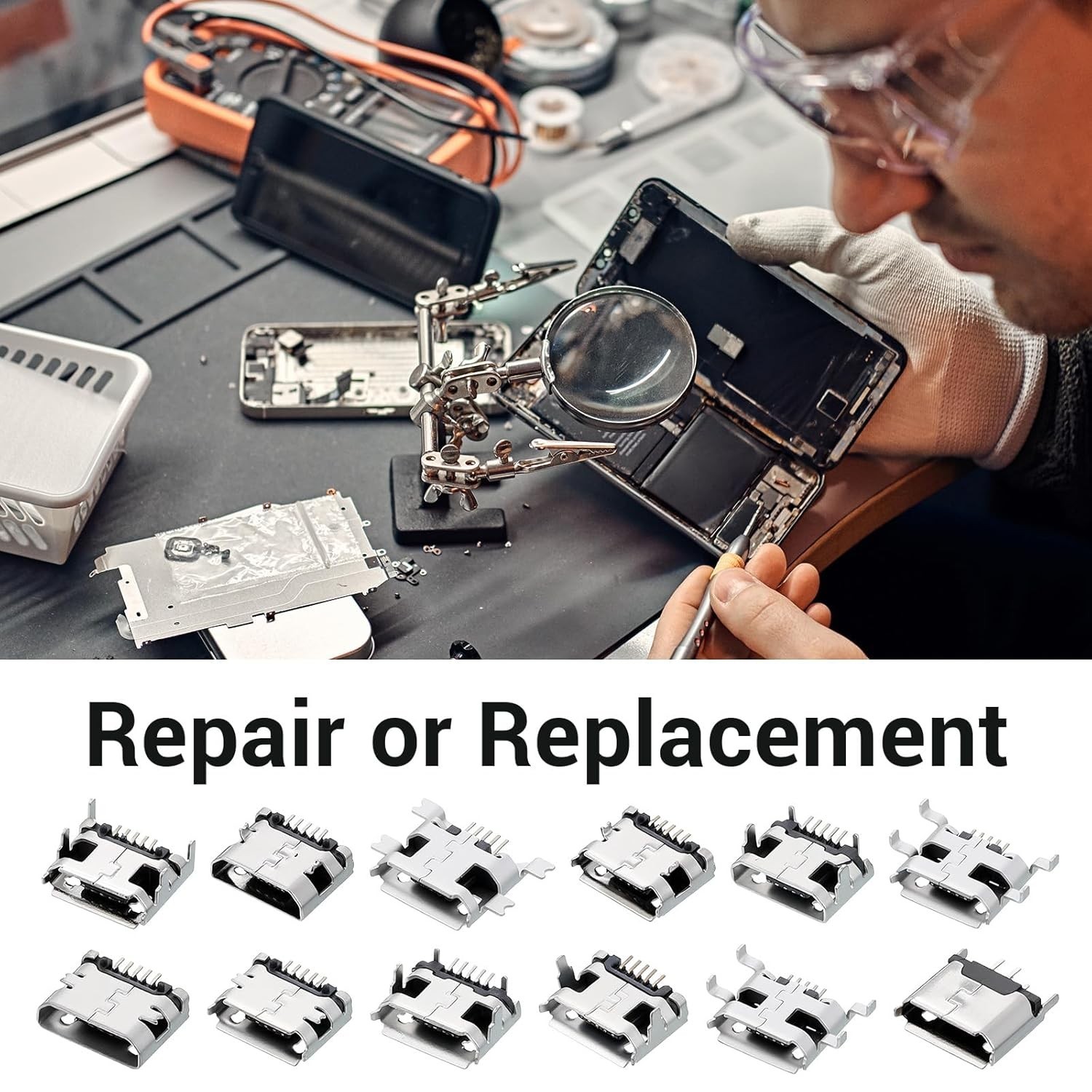 60PCS Micro USB Port Replacement Kit Charging Socket Connector Silver Set