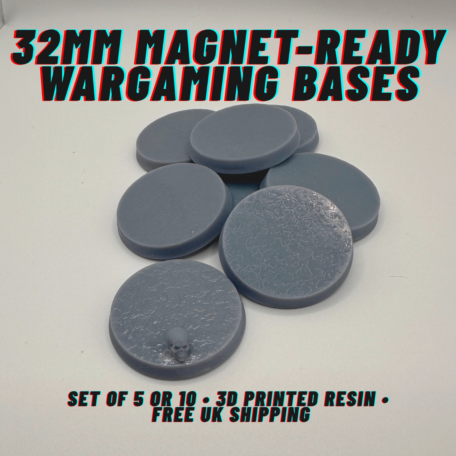 32mm Skull Wargaming Bases Magnet-Ready | 3D Printed Resin | Set of 5 or 10