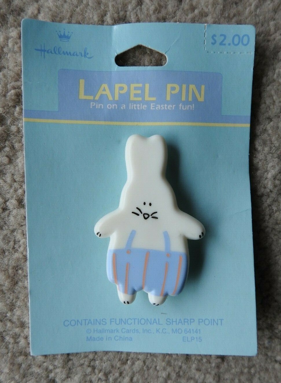 HALLMARK Easter lapel pin 1989 1990 Bunny in Striped Pants