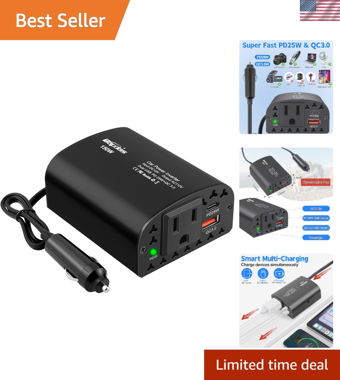 Efficient 150W Inverter for Car with USB-C Quick Charge - Perfect for Road Trips