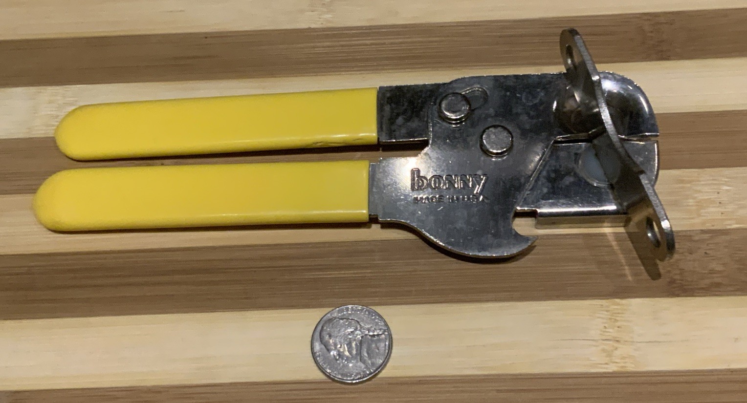 Vintage Bonny Hand Crank Yellow Handle Handheld Can & Bottle Opener