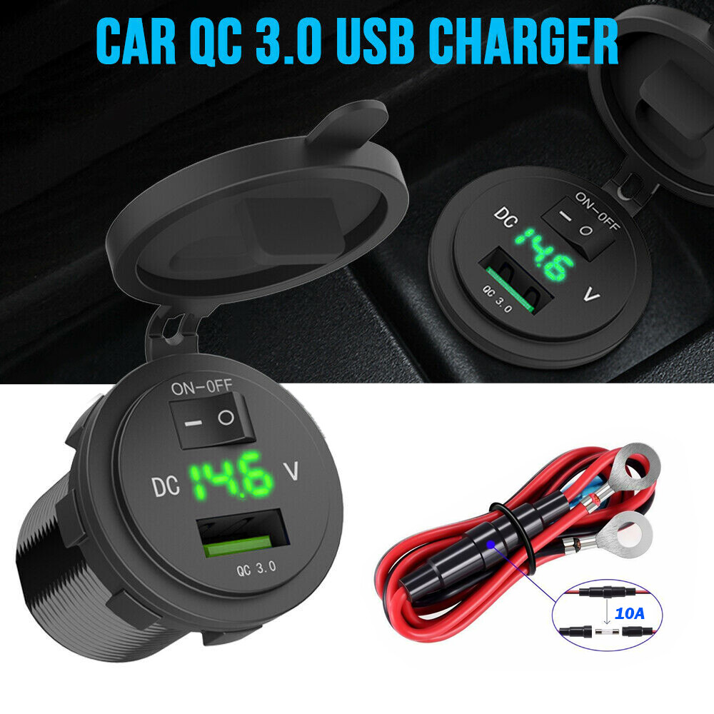 Single QC 3.0 USB Car Charger Socket Power Outlet with Switch Digital Voltmeter