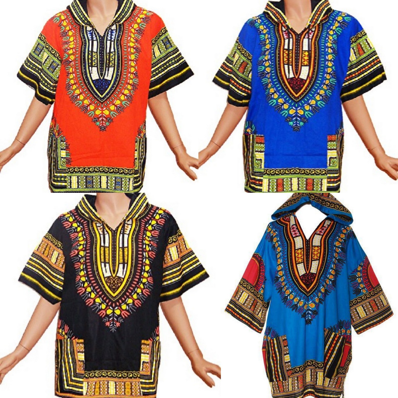 Dashiki Mens Women African Hoodie Hoody Top W/ Hood Traditional Blouse One Size