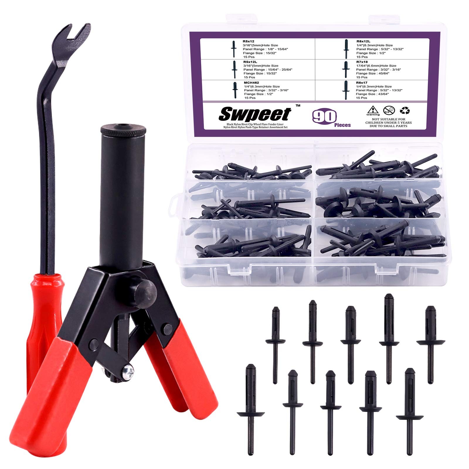 Swpeet 131Pcs Poly Rivet Gun Set Plastic Setter + Assortment Kit