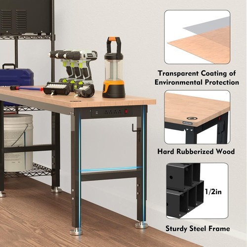 Workpro 60" Workbench Adjustable Height Work Table 2000LBS Load Rubber Wood Top