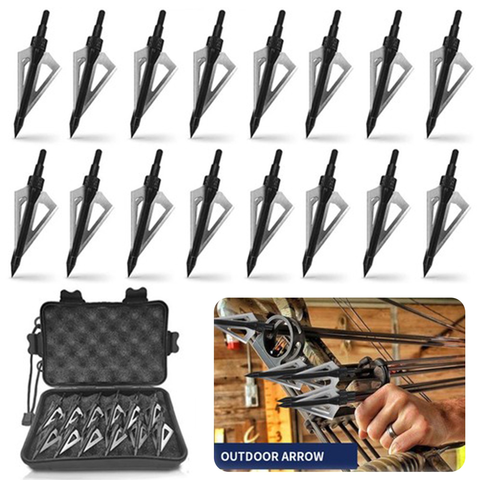 16Pcs Hunting Broadheads Stainless Steel Black Whirlwind 3-Blade Cut Arrow Tip