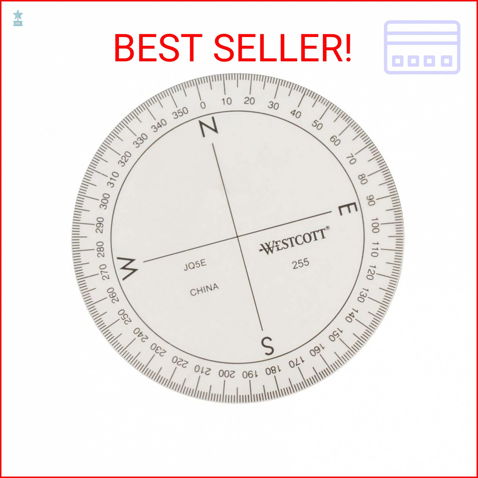 Westcott 360-Degree Compass Protractor, Crystal Clear Transparent Dial, Calibrat