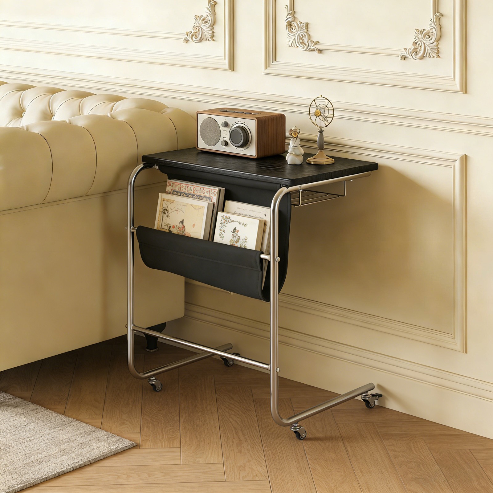 C-Shaped End Table with Universal Wheels – Sofa Side Table, Rolling Caster Table