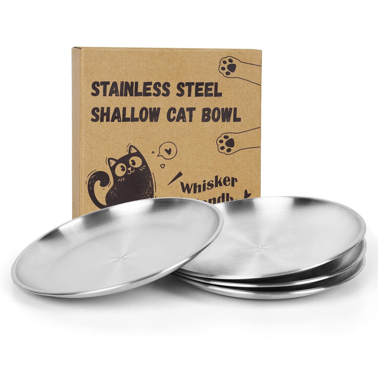4-Pack Stainless Steel Cat Food Bowls, Shallow Whisker-Friendly Non-Slip Sili...