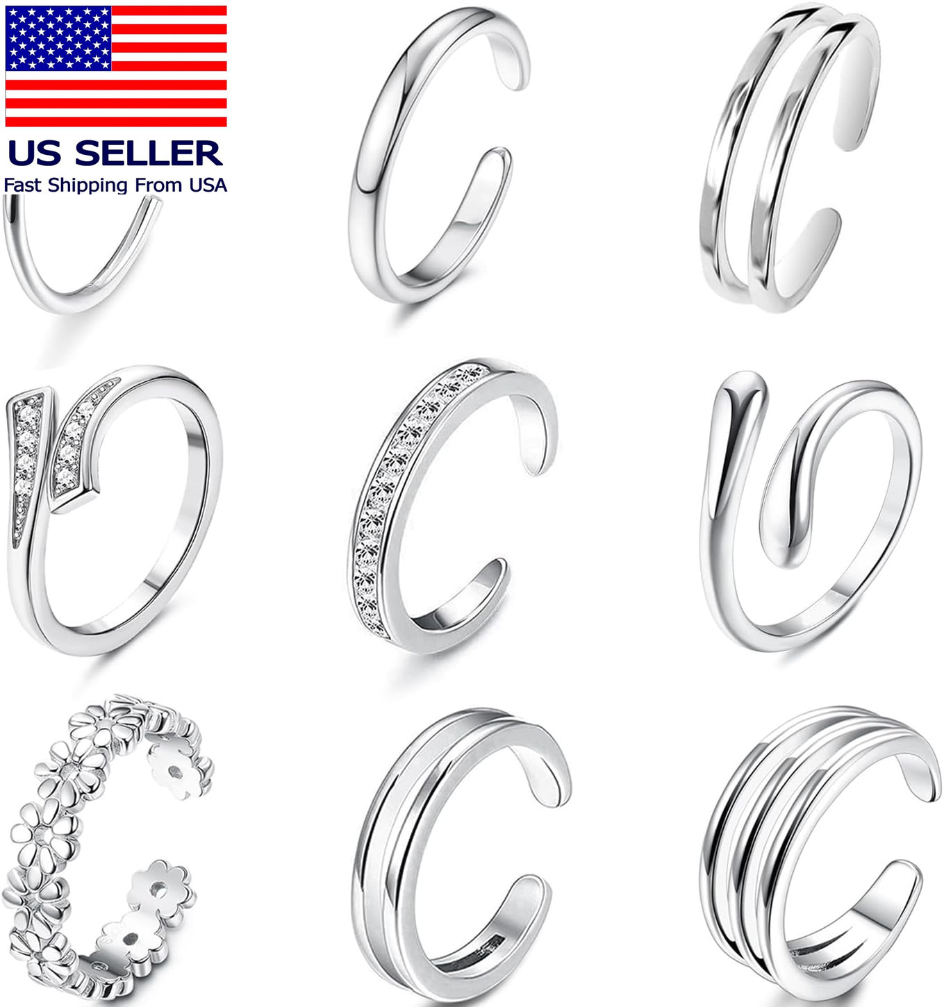 9Pcs 14K Gold Filled Toe Rings for Women Non Tarnish Adjustable Gold CZ Flower H