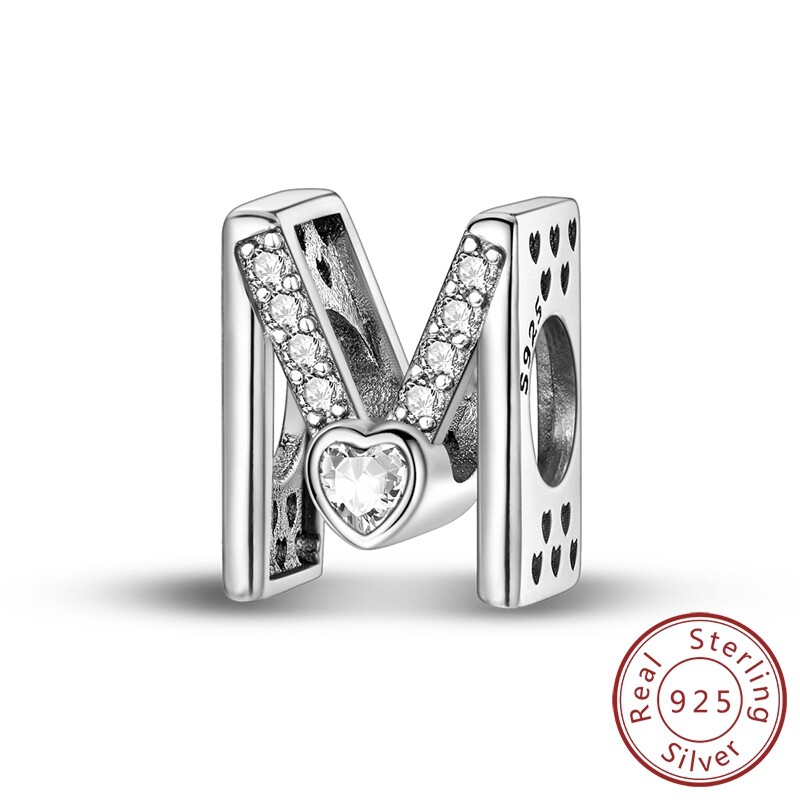 MULA 925 Sterling Silver DIY Charm Heart AAA CZ Letter M Bead For Women Bracelet