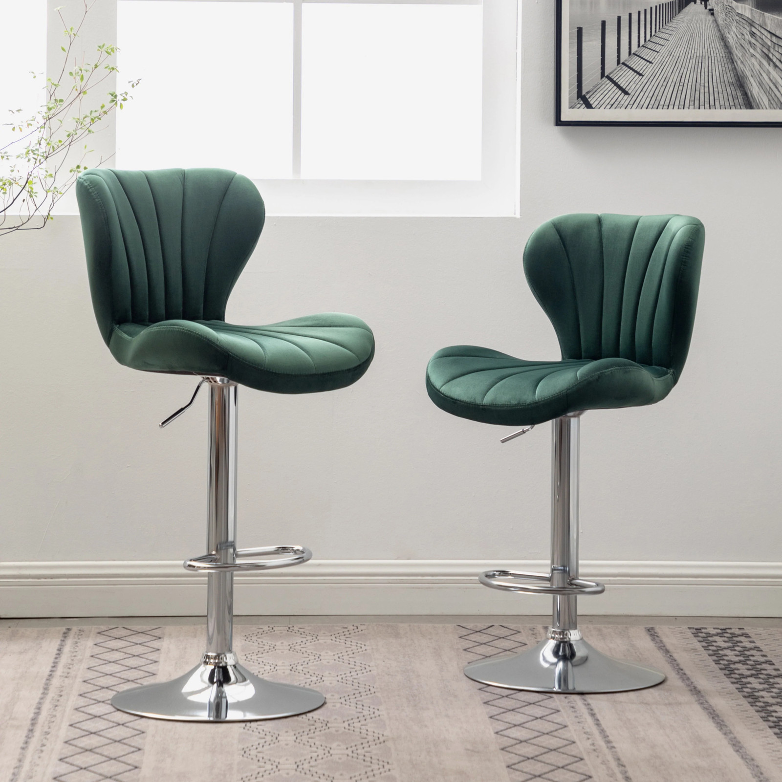 Ellston Upholstered Adjustable'swivel Barstools in Green, Set of 2