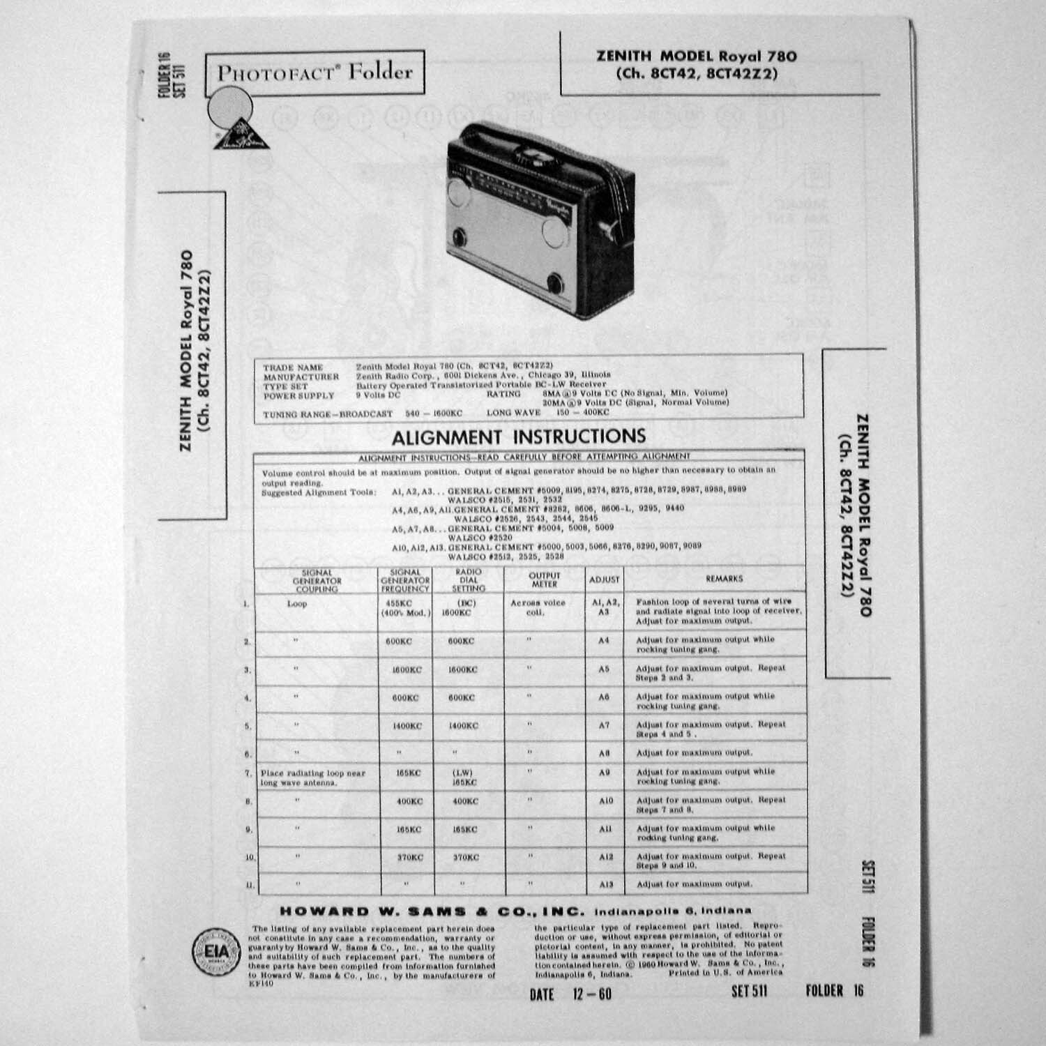Zenith Model Royal 780 Portable Radio Receiver - SAMS Photofact ™ 1960 - New