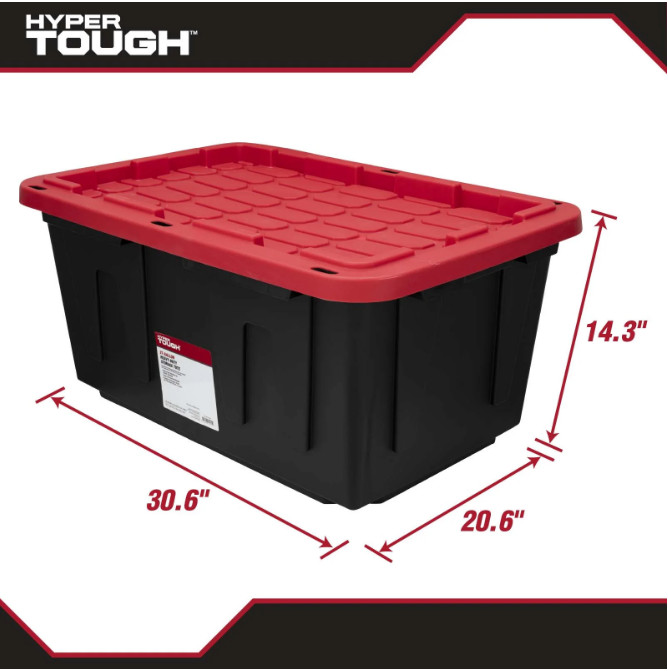 Hyper Tough 27 Gallon Snap Lid Plastic Storage Bin Container, Black with Red Lid