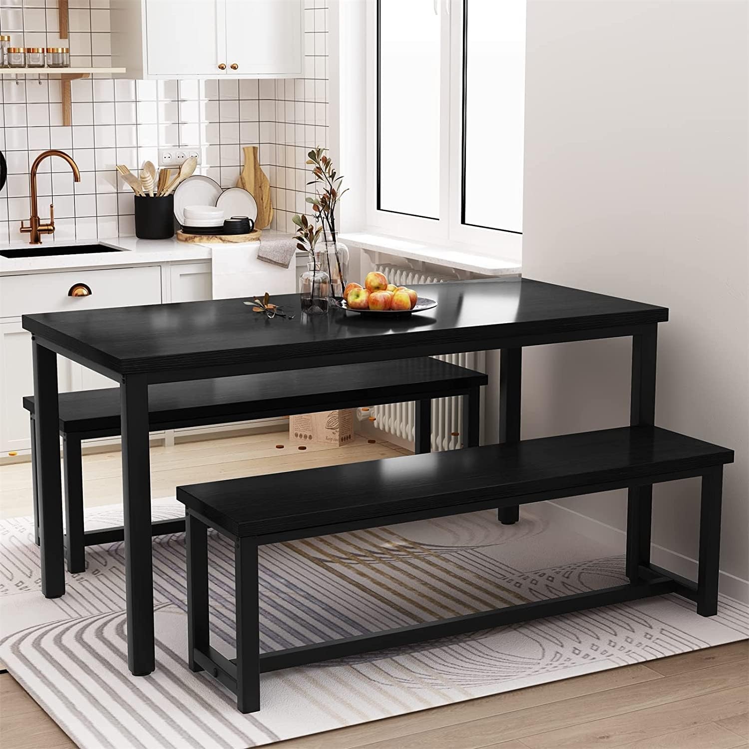 Dining Room Table Set with 2 Benches, Farmhouse Dining Table Set for 4-6, Wood