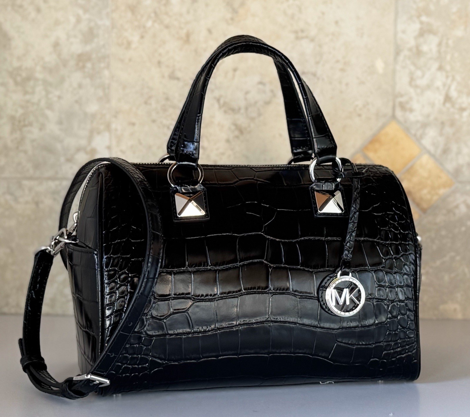 Michael Kors Grayson Medium Satchel Shoulder Exotic Embossed Leather Bag Black