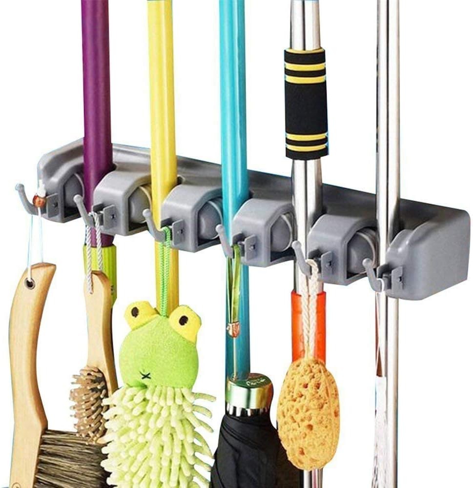 2 Pack Mop Broom Holder Wall Mount Garden Tool Organizer 5 Slots 6 Hooks Hanger