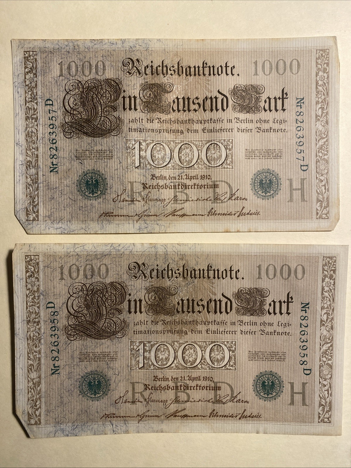 Germany 1910 1000 Marks 6pcs Consecutive Serial Numbers