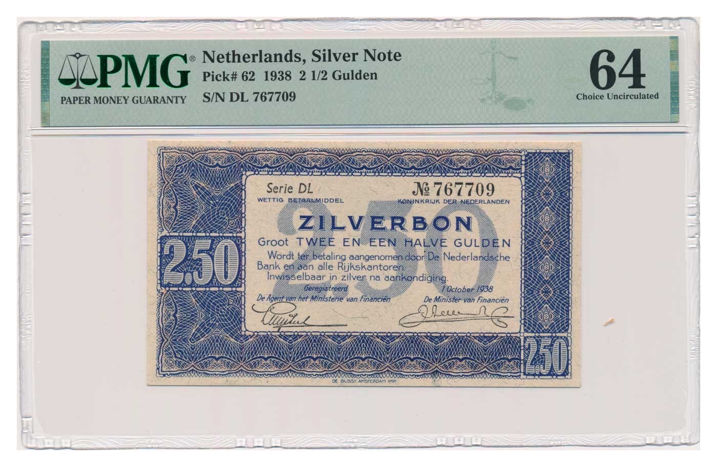 NETHERLANDS banknote 2 1/2 Gulden 1938 PMG grade MS 64 Choice Uncirculated