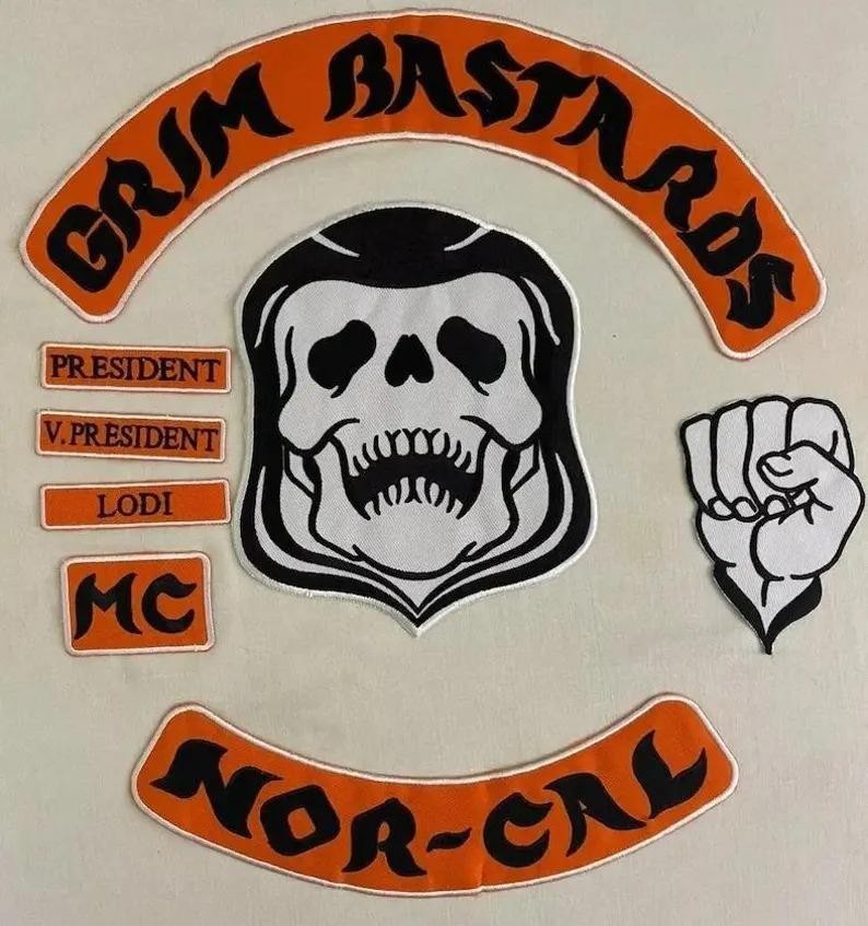 Grim Bastards MC Patches Set Sons of Anarchy SOA Nor-Cal Lodi 8pc Embroidered