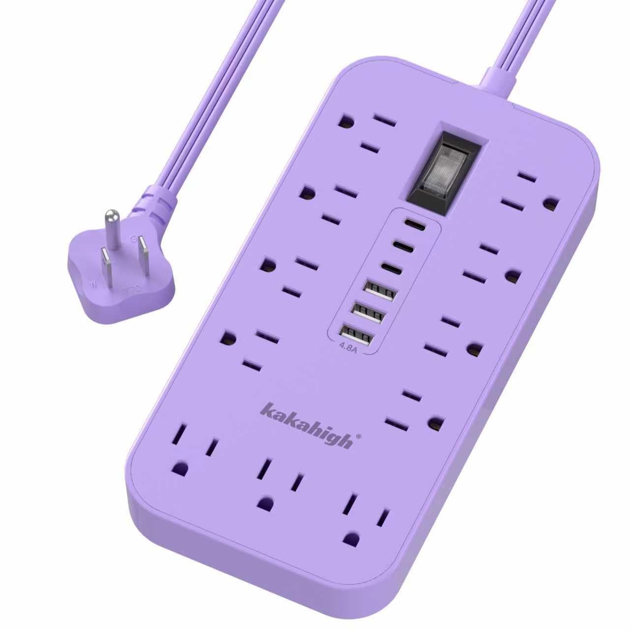 Purple Extension Cord with Multiple Outlets- 10 FT Lavender Power Strip, Girl...