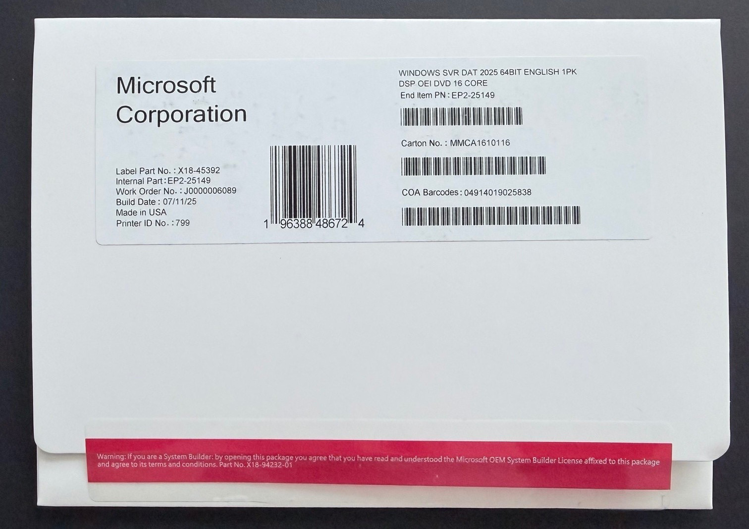 Microsoft Windows Server 2025 Datacenter 16 Core OEM DVD EP2-25149