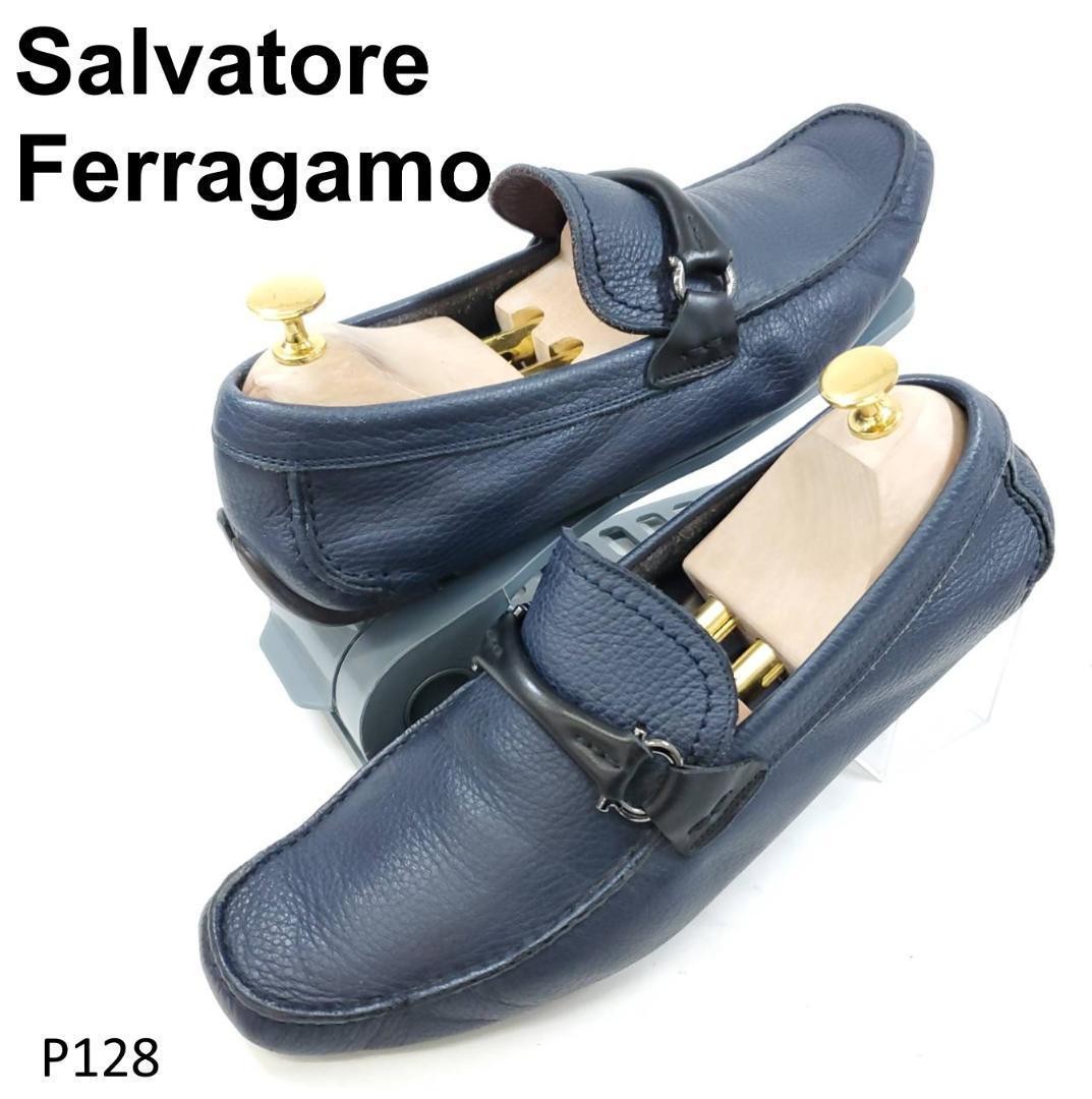 Ferragamo Dress Shoes Men 7.0US Bit Loafer Square Toe Grained Leather Navy 7 Lim