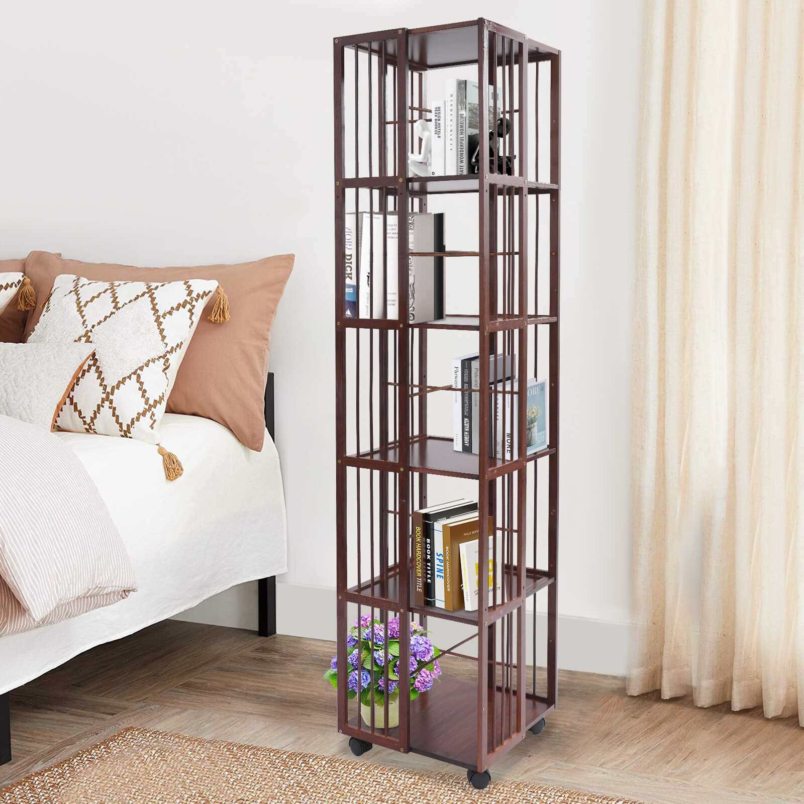6-Tier Rotating Bookshelf Floor Standing Rotating Bookcase 14.6*14.6*63.8in