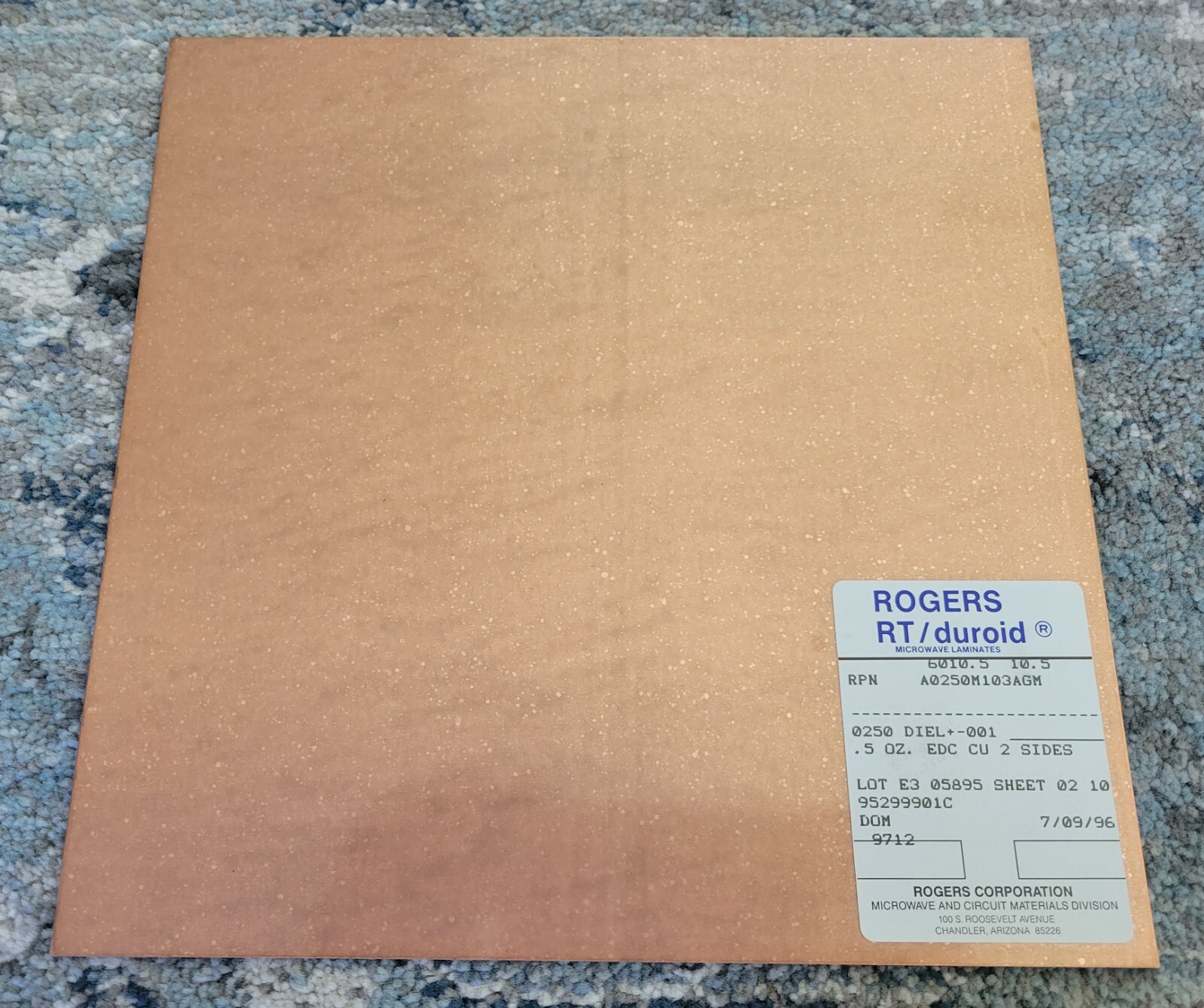 RT/Duroid MW PCB Material 6010.5 Sheet 10"x10" Er=10.5, Copper backed .025" NOS