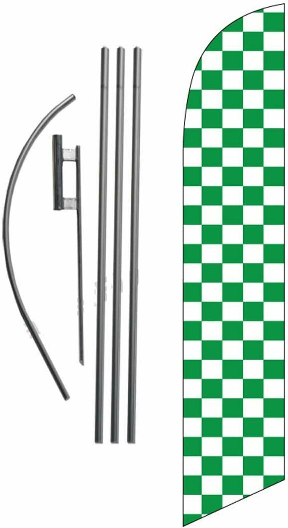 Checkered Green and White 15ft Feather Banner Swooper Flag Kit - INCLUDES...
