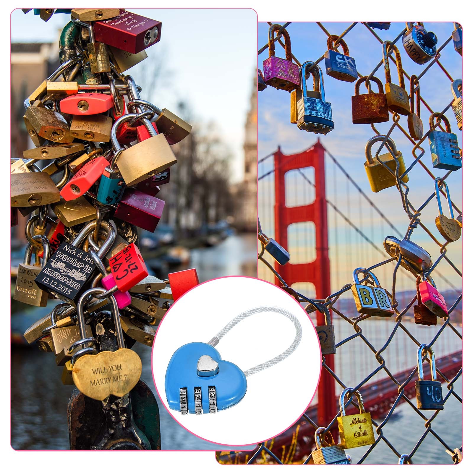 2 Pack Heart Padlock Heart Shape Love Lock Combination Lock Locker Locks Blue