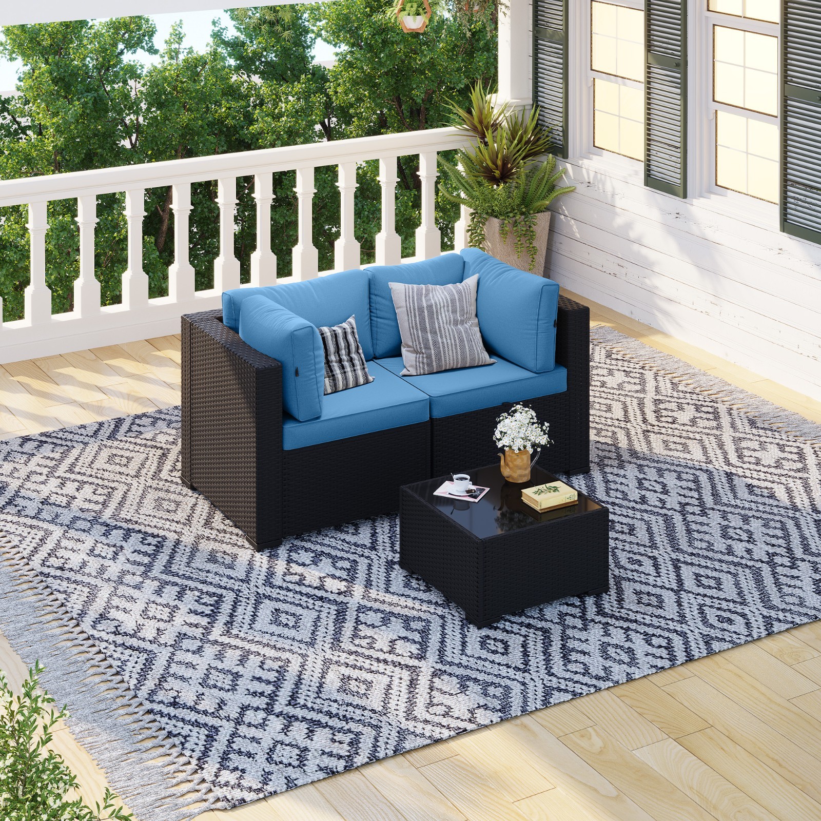3-Piece Black Rattan Sofa Set Peacock Blue Cushions Coffee Table