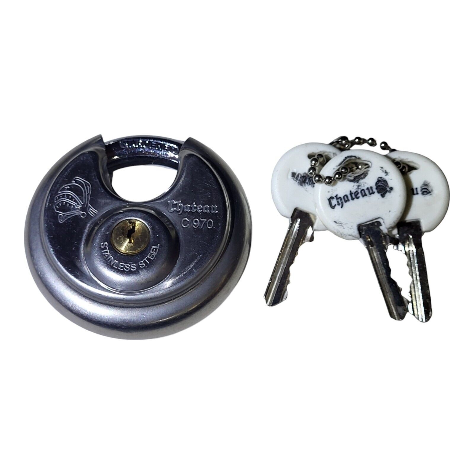 Chateau C970 Round Disc Heavy Duty Stainless Steel Padlock w/ 3 Keys - Working