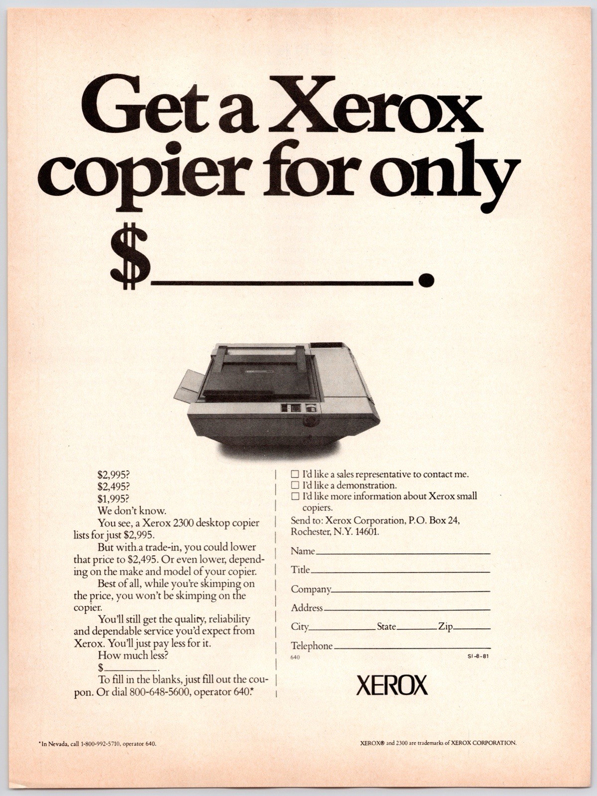 1981 Xerox 2300 Desktop Copier 1980s Office Technology Wall Art Vintage Print Ad