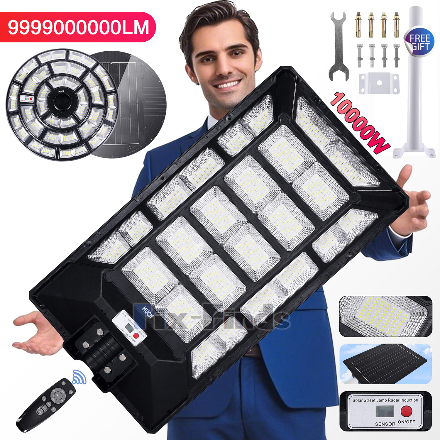 10000W Commercial Solar Street Lights Outdoor Dusk TO Dawn Road Garden Lamp+Pole