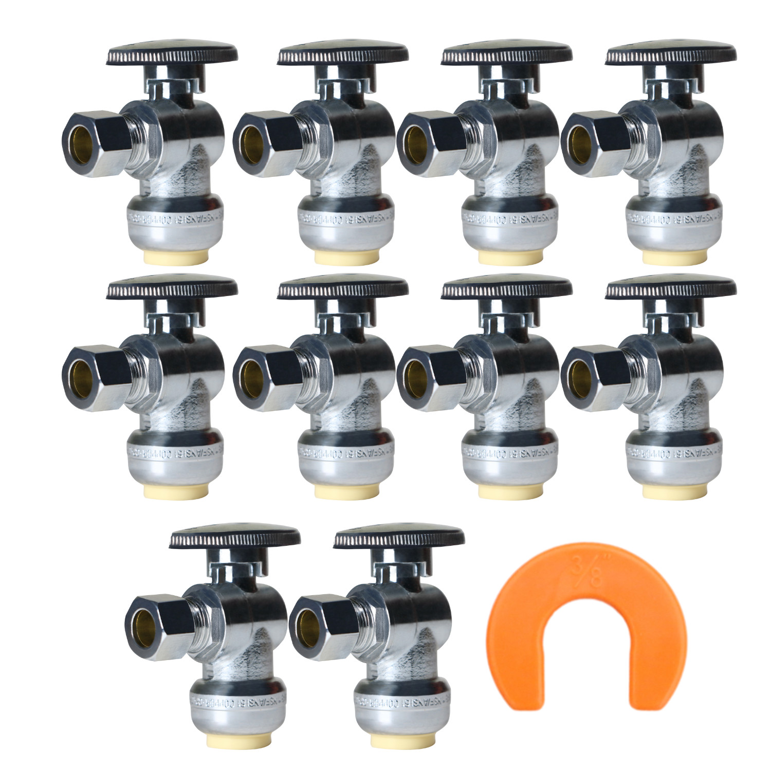 10 Pack  XFITTING 1/2" Push Fit x 3/8" OD Compression Angle Stop Valve, 1 Clip